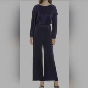 HALOGEN Navy Long Sleeve Plissé Jumpsuit balloon sleeve ruffled Medium
